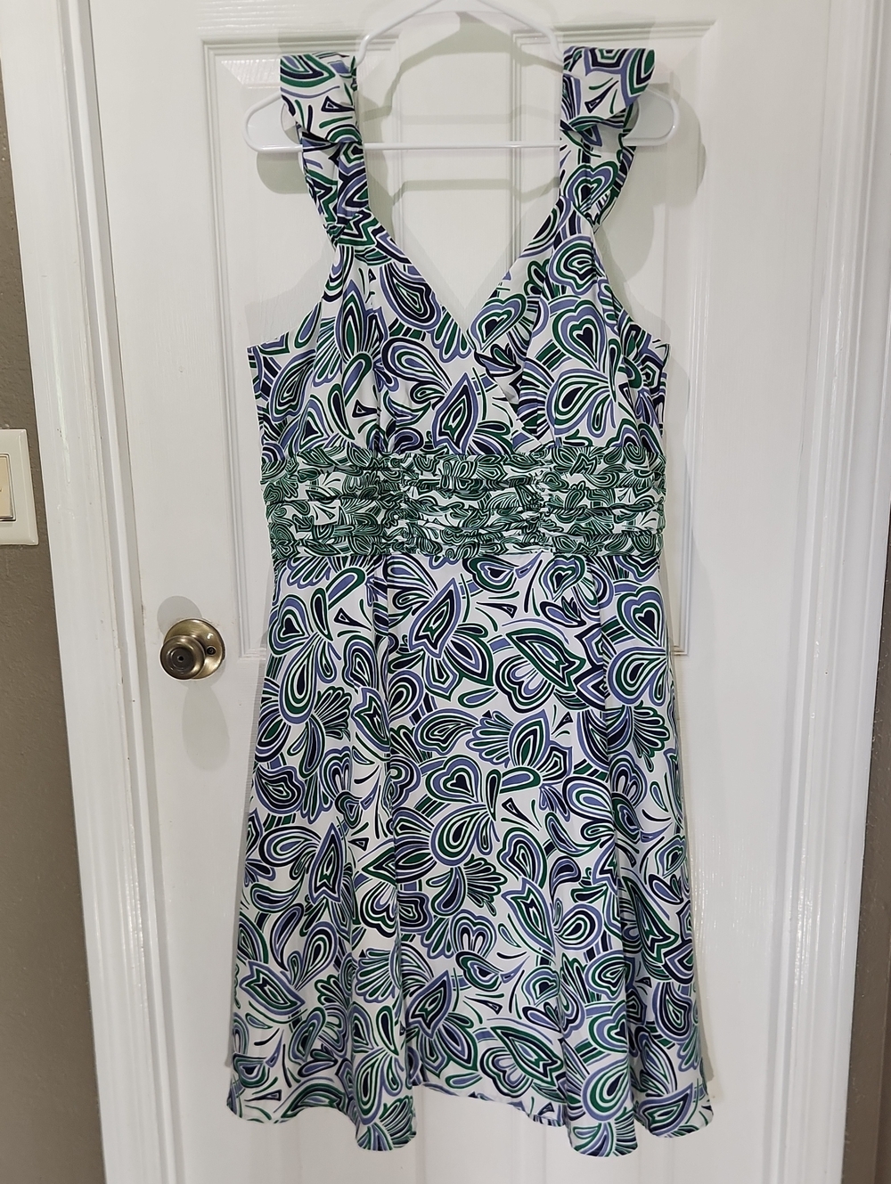 Chadwicks White, Green & Blue Sleeveless V-Neck Dress, Size 16